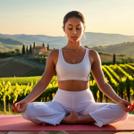 A serene woman with glowing skin practicing yoga at sunrise in Tuscany. Focus on natural light enhancing her inner and outer beauty, with a background of rolling hills and vineyards. The atmosphere should convey holistic well-being and a connection to nature.