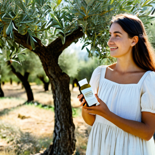 Natural Beauty & Sustainable Packaging**

A young woman with radiant skin, fully clothed in a linen dress, stands in a sunlit Italian olive grove. She is holding a small, elegant glass jar of face cream with a minimalist label. The packaging is eco-friendly and features natural elements like leaves and twigs. In the background, olive trees stretch into the distance. Safe for work, appropriate content, professional photography, perfect anatomy, correct proportions, natural pose, fully clothed, modest clothing, family-friendly, high resolution.

**