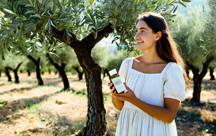 Natural Beauty & Sustainable Packaging**
A young woman with radiant skin, fully clothed in a linen dress, stands in a sunlit Italian olive grove. She is holding a small, elegant glass jar of face cream with a minimalist label. The packaging is eco-friendly and features natural elements like leaves and twigs. In the background, olive trees stretch into the distance. Safe for work, appropriate content, professional photography, perfect anatomy, correct proportions, natural pose, fully clothed, modest clothing, family-friendly, high resolution.
**