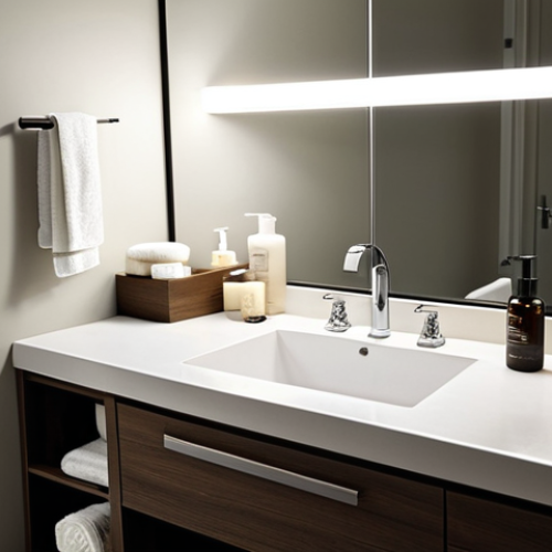 퍼스널 케어 제품의 효과적인 사용 환경 - **Prompt:** "A calming bathroom scene with soft, adjustable lighting creating a relaxing atmosphere....