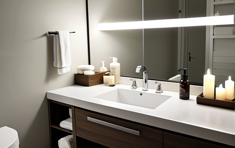 퍼스널 케어 제품의 효과적인 사용 환경 - **Prompt:** "A calming bathroom scene with soft, adjustable lighting creating a relaxing atmosphere....