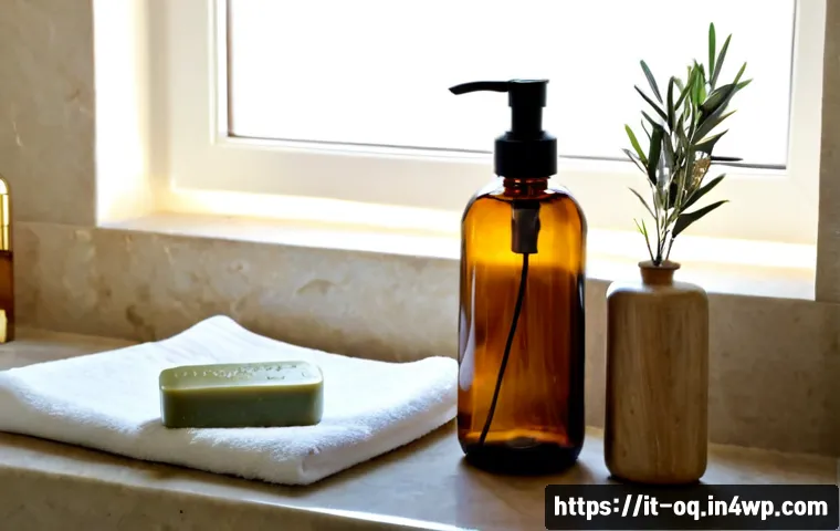 환경 친화적인 퍼스널 케어 제품 - Photorealistic eco-friendly personal care products arranged on a light travertine bathroom counter i...